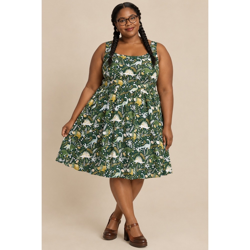 ModCloth Dinosaur Dress 3X Green Pockets Lined Retro Artsy Kindergarten Teacher